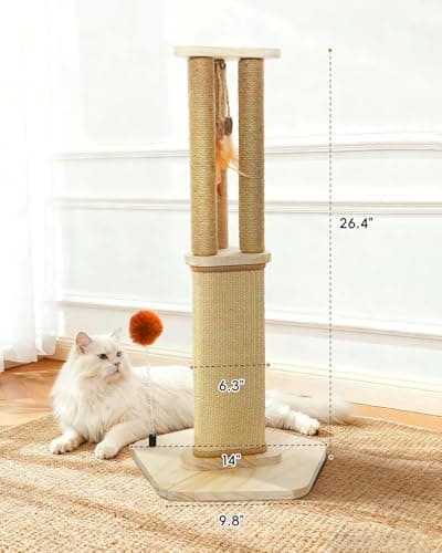 Cat Scratching Post, 26.3 Inch Scratch Post for Indoor Cats, Sisal Scratcher Posts for Medium/Small Cat, with Sturdy Wood Hexagonal Base, Silver Vine Feather Toy & Scratch Pad, Kitten Toys view 4