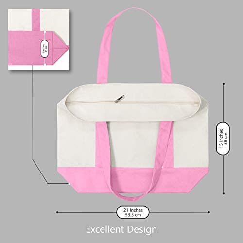 TOPDesign 1-Pack Canvas Tote Bag with an External Pocket, Reusable Grocery Shopping Bag, Top Zipper Closure, Daily Essentials (Pink/Natural) view 3