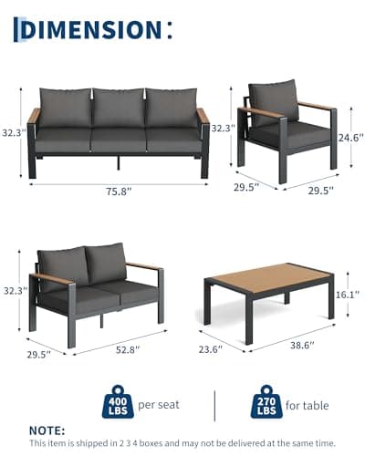 Garvee Aluminum Patio Furniture Set 7 Seats with Coffee Table Spacious Outdoor Sectional with Washable Thick Cushions, Patio Conversation Sets for Porch, Balcony, Deck, Yard view 2