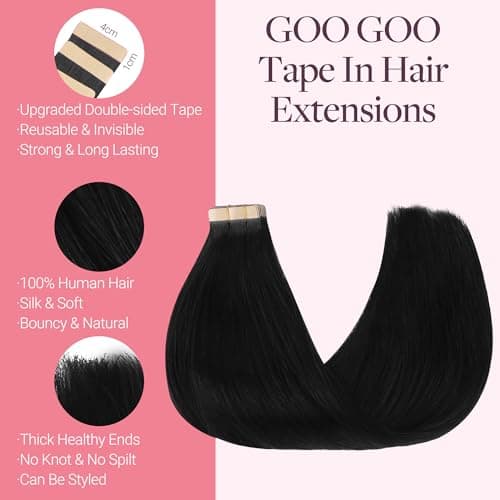 GOO GOO Tape in Hair Extensions Human Hair 20" 40pcs #1 Jet black | 100g, Remy Human Hair, Strong Hold, Long-lasting, Invisible, Daily Wear view 6