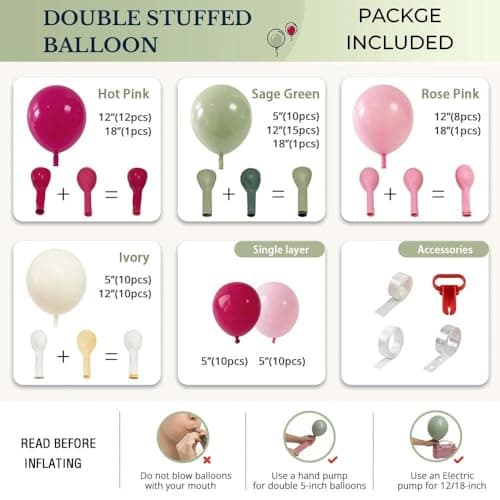 Hot Pink and Sage Green Balloon Garland Arch Kit, Double Stuffed Dusty Green Magenta & Ivory Balloon Decorations for Baby Shower, Garden Bridal Wedding, Tropical Birthday, Boho Tea Party view 4