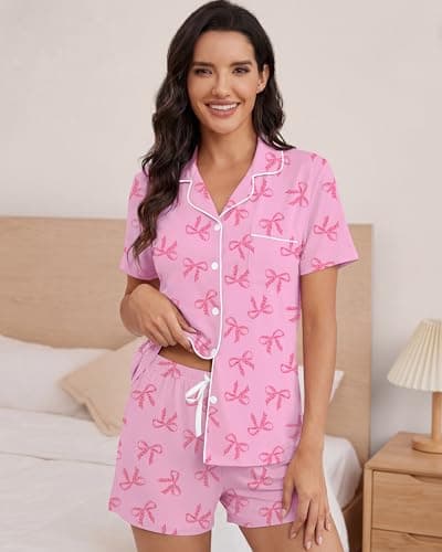 VRVOICE Womens Button Down Pajamas Set Short Sleeve Sleepwear Bride Pjs Soft 2 Piece Lounge Shorts Set XS-XXL view 4