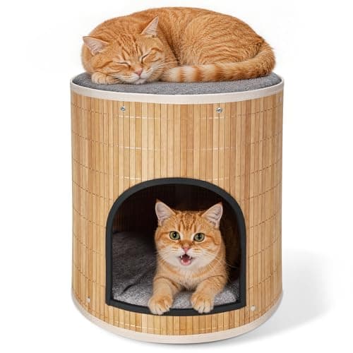 Cat Beds Indoor House, Handwoven Bamboo Cat Cave Pet Cube, Large Cat Houses, 2 Bed Mat, Foldable,Hideaway, 15.9x13.9 Inches, Living Room Bedroom Terrace Home Decoration Natural