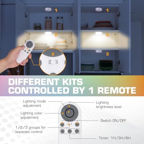 EverBrite Puck Lights with Remote, Rechargeable Linked Sensor Under Cabinet Lights, 10 RGB Colors, Group Control Dimmable Kitchen & Bedroom (6-Pack) view 2