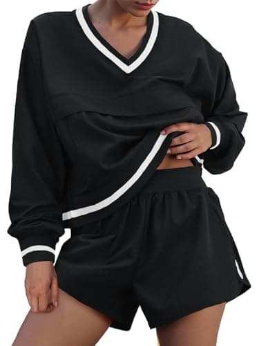 Fisoew Womens 2 Piece Outfits Long Sleeve V Neck Sweatshirt High Waist Running Shorts Sets Loose Fall Workout Tracksuits