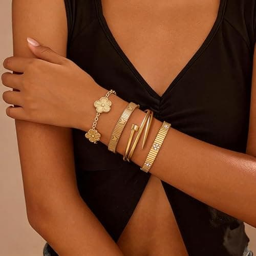 Womens Stackable Floral Gold Bracelets - 4Pcs 18K Gold Plated Bracelet,Stainless Steel Bangle Bracelets Non Tarnish,Gold Bracelet Set Fashion Jewelry,Valentines Birthday Christmas Jewelry Gifts view 2