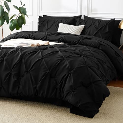 CozyLux King Size Comforter Set Black, 7 Pieces Pintuck Bed in A Bag Black Comforter King Size, Pinch Pleat Bedding Set with All Season Comforter, Sheets, Pillowcases & Shams — image 1