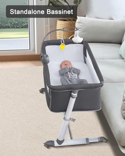 Yacul Baby Bassinet, Bedside Crib Sleeper with Wheels and Music Box, Breathable Mesh Height Adjustable Baby Bedside Sleeper, Portable, Dark Gray view 5
