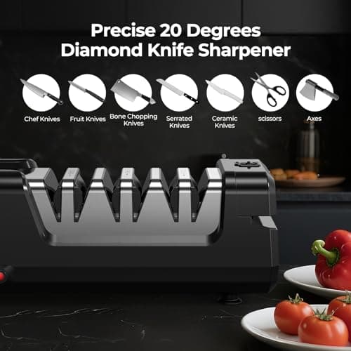 Dawnstar Electric Knife Sharpener, Precise 20° Diamond Knife Sharpener for Kitchen Knives, Quick Repairing in 40 Seconds, with Metal Dust Collection Box & Special Port for Scissors, Black view 3