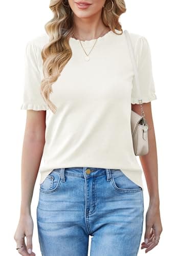 Women Puff Short Sleeve Sweater Tops Ruffle Crewneck Knit Pullover Work Blouses Dressy Casual Top Shirt Spring Summer view 2