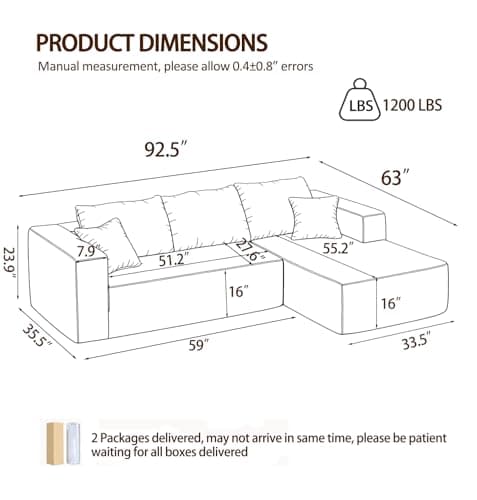 92.5" Modular Sectional Sofa, L-Shaped Cloud Couch with Deep Seats & Chaise, Convertible 4-in-1 Corduroy Boneless Couches for Living Room, Bedroom, No Need Assembly - Brown view 2
