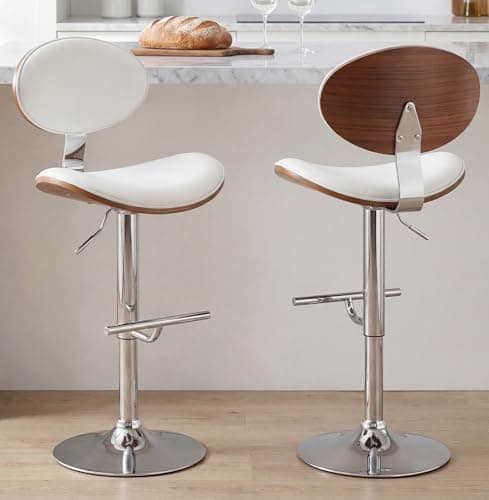Mapleyard Adjustable Height Barstools Set of 2: Swivel Modern Kitchen Counter Bar Stools, Leather Upholstered Bar Chairs with Walnut Bent Plywood Backrest & Footrest for Island, Dining Room Pub, White view 1
