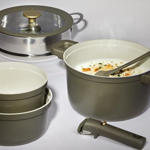 CAROTE Ceramic Saucepan Set 5.5QT/3QT/2QT，Nonstick Cooking Pots Set with Detachable Handles，Non-toxic Stock Pots with Lid，Induction Comptable，PFAS and PFOA Free，Olive Green view 2