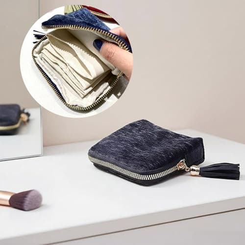 Iosjeude Small Travel Jewelry Case Organizer for Women Portable Jewelry Box with Small Pouches for Gemstones Healing Crystal Bracelets, Necklace Bangles Storage, Gift Ring Holder, Blue Tassel view 5