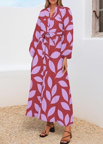 Lazysmile Maxi Dresses for Women 2025 Casual Long Sleeve Button Down Belted Boho Floral Shirt Dress with Pockets view 5