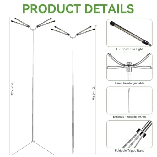 Grow Lights for Indoor Plants Full Spectrum,15-62 Inches Height Adjustable Dsektop and Standing Plant Growing Lights with Detachable Tripod Stand for Large and Small Plants, Auto On/Off Timer view 4