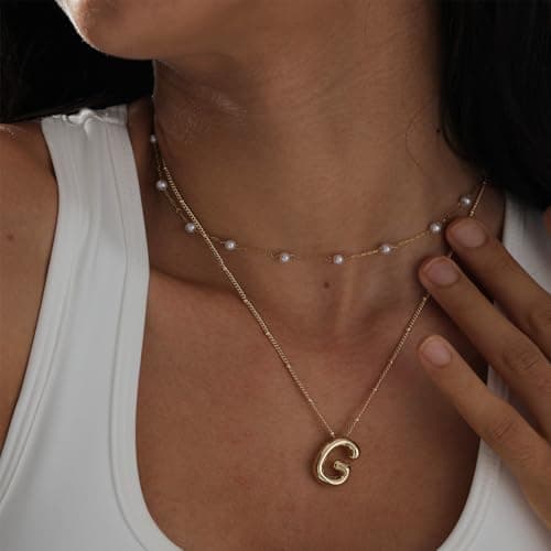 Punhem Bubble Gold Letter Necklace for Women 14k Gold Plated Balloon Initial Letter Pendant Necklace Pearl Custom Name Layered Choker Necklace Gold Jewelry view 2