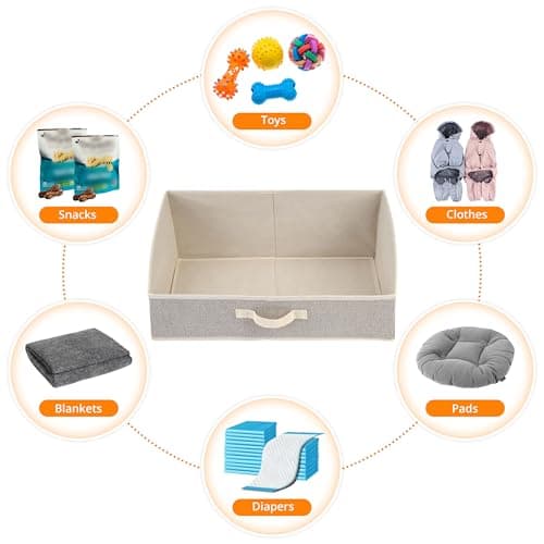 Jumpress 2 Pack Dog Toy Basket, Collapsible Cat Dog Toy Bin with Handles, Fabric Trapezoid Dog Toy Box Storage for Pet Dog Toys,Blankets,Clothes and Accessories (Ecru) view 4