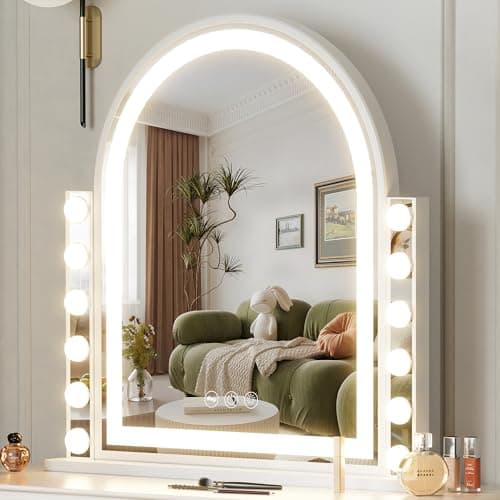 Hansong Hollywood Vanity Mirror with Lights 22.4"x23.4" Arched Lighted Makeup Mirror with Lights 12 Dimmable Bulbs Three Color Lighting Modes Detachable 10X Magnification Smart Touch Control view 1