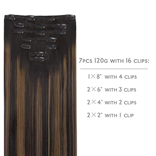 WENNALIFE Human Hair Extensions, 22 Inch 120g 7pcs Natural Black to Chestnut Brown Balayage Clip in Remy Hair Extensions, Double Weft Real Human Hair view 2