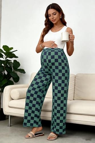 BLENCOT Womens Casual Checkered Pants for Maternity Elastic Waist Wide Leg Pants Grid Pregnant Trousers with Pockets view 4