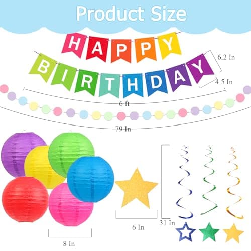 Happy Birthday Decorations, Colorful Birthday Party Decorations Set with Happy Birthday Banner, Paper Lanterns, Star Swirl Hanging Decorations & Circle Dots Garland view 2