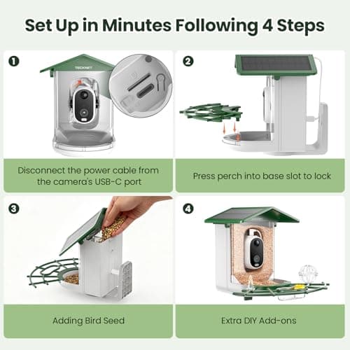 TECKNET Smart Bird Feeder with Camera, 2K UHD Video, AI Bird Species Identification, Instant Arrival Alerts, Solar Powered, Waterproof Birdhouse Camera, Gift for BirdLovers, Family, Green view 6