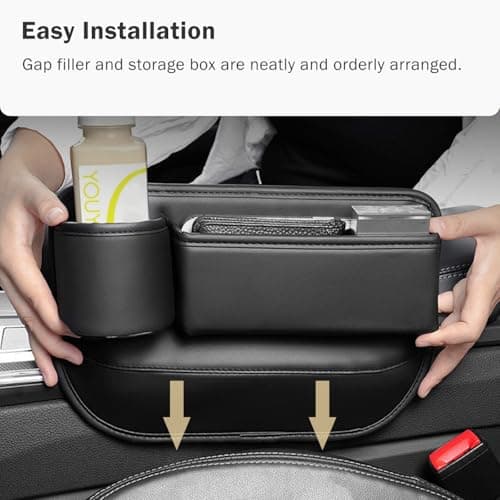 Car Seat Gap Filler Organizer with Cup Holder, Premium PU Leather Interior Accessories for Phone,Sunglasses,Keys, and Small Items, Universal Fit for Car, SUV and Truck,2-Packs Black view 4
