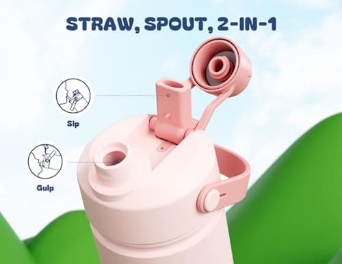 Kids Water Bottle for School: 2-in-1 Straw Spout Lid with Soft Animal Head, Leakproof, Backpack Friendly, Keep Cold 24H, Insulated cup for Sports, Playground, Holiday Gift, 18oz, (Cotton Candy) view 2