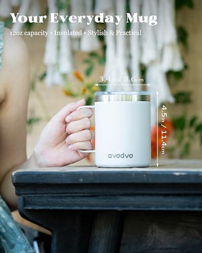 avodvo 12oz Insulated Coffee Mug with Lid – Includes Two Lids, Stainless Steel Coffee Travel Mug with Handle, Double Wall Vacuum Insulated Camping Mug for Home, Office & Outdoor, White view 2