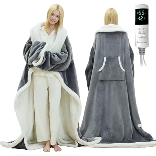 Wearable Heated Blanket with Foot Pocket - Electric Blanket Throw with Sleeves, Heated Snuggle for Women or Adults, Heated Robe with Multi Heat Settings, 1-12 Hours Auto Shut Off (50''x70'' Grey)