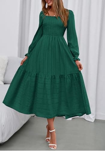 BTFBM Women Maxi Spring Dresses 2026 Long Sleeve Solid Color Square Neck Smocked Boho Long Wedding Guest Dress view 2