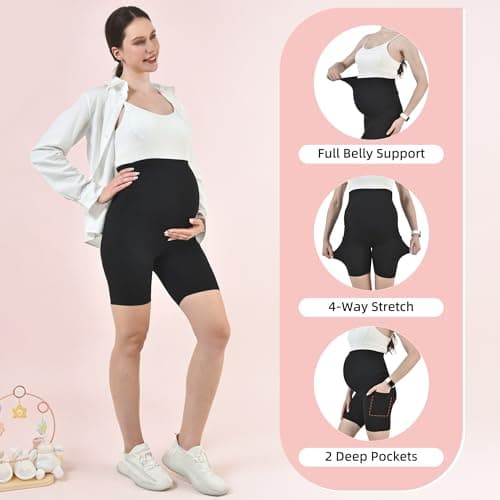 Leafigure Maternity Shorts with Pockets Over The Belly for Women, High Waisted Soft Pregnancy Yoga Pants view 4