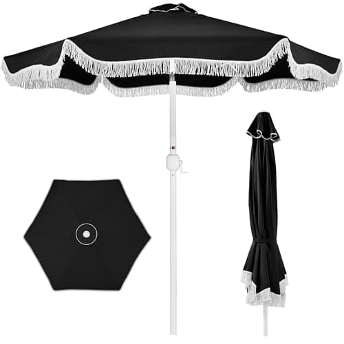 Best Choice Products 9ft Fringe Market Patio Umbrella – Outdoor Boho Tassel Sunshade for Table, Pool, Deck, Backyard – UPF50+, Easy Tilt, Heavy Duty Steel Pole & Ribs - Black view 1