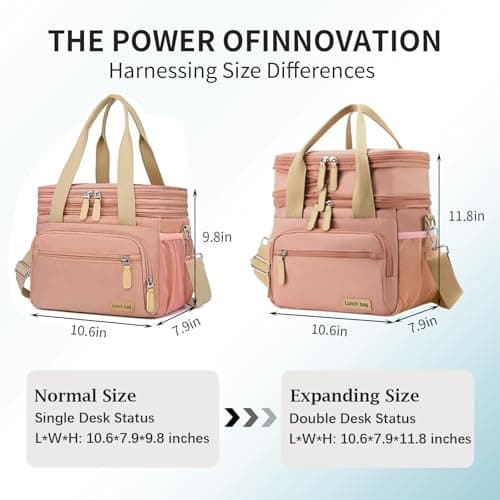 YAKUNCL Expandable Lunch Bag for Adults, 16L Insulated Double Layer Lunch Box, Leak-Proof Cooler Lunch Bag with Multi Pockets, Waterproof Reusable Lunch Tote for Work Office Picnic Travel (Pink) view 5