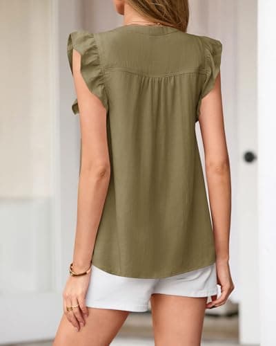 Zenlonr Womens Short Ruffle Sleeve Shirts V Neck Button Down Shirt Solid Color Going Out Spring Tops view 5