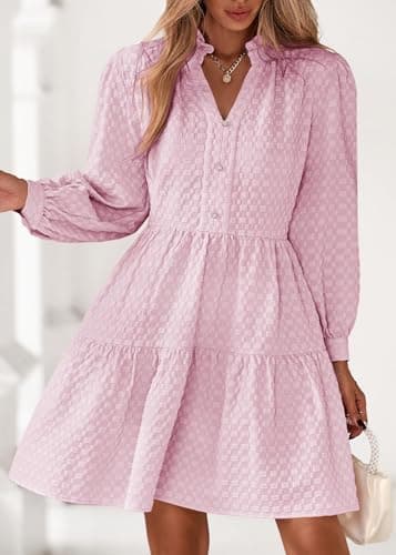 Lazysmile Dresses for Women Long Sleeve V Neck Button Down Ruffled Flowy Fall Casual Babydoll Tunic Dress view 4