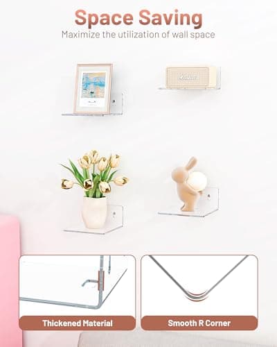 LMHOME 4 Pack Small Wall Shelf - 4" Floating Shelves for Wall Display Ledges for Funko Pop Figures, Plants, Speakers, Durable Plastic Adhesive or Screw Shelves in Bedroom Kitchen Living Room, Clear view 4