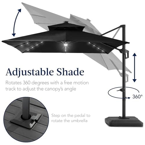 Best Choice Products 9x12ft LED Cantilever Patio Umbrella w/Base Included & 360° Rotation, Large Solar Offset Hanging Outdoor Sun Shade for Deck, Backyard Table w/Stand & Lights – Black view 5