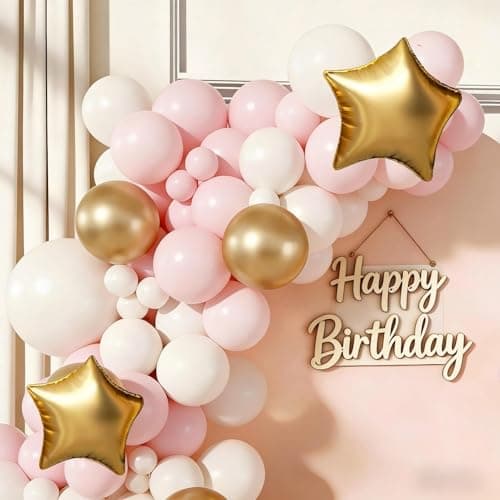 Pink White Gold Balloon Arch Garland Kit 143Pcs Pink White Metallic Gold Latex Balloons with Star Foil Balloons for Wedding Bridal Shower Birthday Party Decorations view 5