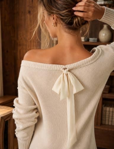 CiCiBird Women Off Shoulder Pearl Sweater Dress One Piece Mini Dresses | Back Tie Bow, One Shoulder Or Boat Neck Look, Chiffon Style Ruffled Hem, A Line Shape, Holiday, Date Night, Family Gathering view 5