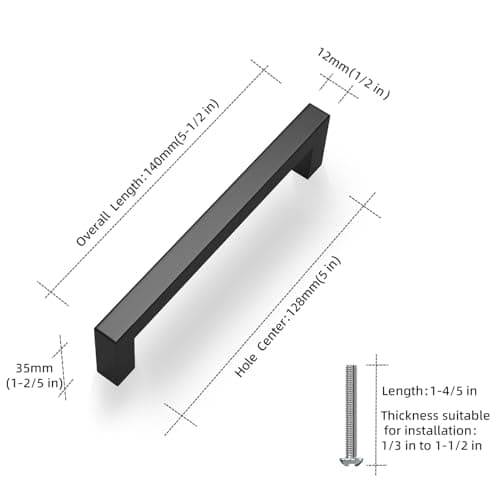 NISUOIEN Matte Black 5 Inch Cabinet Handles, 30 Pack Cabinet Pulls | Included Screws, Easy to Install, Stainless Steel, Square Cabinet Handles view 2