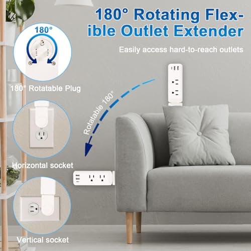 Gbchais Outlet Extender Stick with USB-A & USB-C, 2 AC Outlets, Adjustable 22"-34" Plug Extender, 180° Rotating Wall Outlet Extender for Hard-to-Reach Outlets Behind Sofa, Bed, Desk, Nightstand view 2