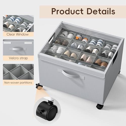 HOUSE AGAIN Shoe Organizer for Closet, Foldable Shoe Storage Organizer Box with Wheels and Adjustable Dividers, Sturdy Metal Frame Fits up to 16-32 Pairs, Large Shoes Storage with Clear Cover view 5