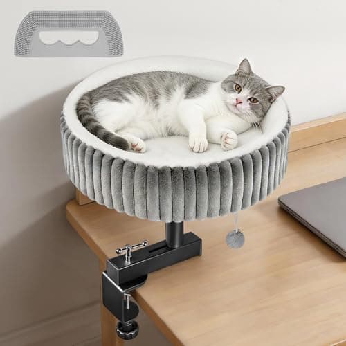 TNELTUEB Cat Desk Bed - 360° Rotating,Clamp On Cat Bed for Desks, Adjustable High Support Up to80 lbs for Office, Game Table, Island Tables, Desktop Attachment Hammock Grey