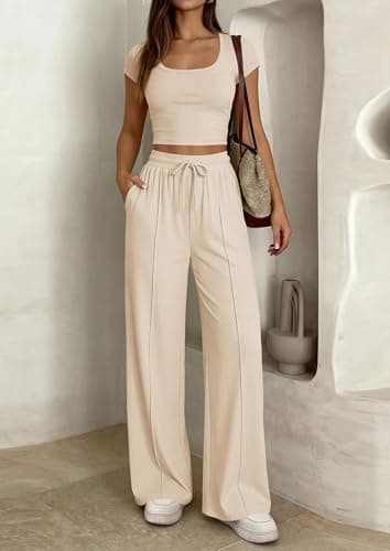 PRETTYGARDEN Women's 2 Piece Matching Lounge Sets Ribbed Short Sleeve Crop Tops Wide Leg Pants 2026 Summer Airport Outfits view 2
