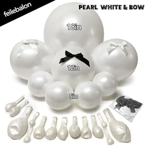 Pearl White Balloon Arch Kit,Double Stuffed White Pearl Balloon Garland Different Sizes 5/12/18 Inch with Black and White Bow for Baby Shower Baptism Wedding Birthday Engagement Party Decoration view 3