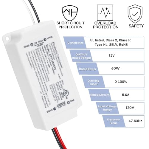 Hanbaak 60W Dimmable LED Driver, Electronic Transformer, 120V AC to 12V DC Power Supply for LED Strip Light, Low Voltage Lighting Project, Compatible with Lutron Leviton Dimmers, UL Listed, Class 2 view 2