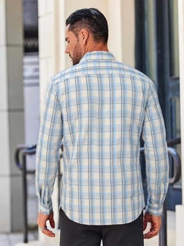 BAYAMO Men's Button-Down Plaid Shirts Casual Long Sleeve Cotton Linen Shirts for Men Fashion Business Shirt view 3