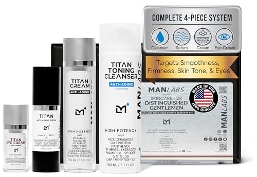 Man Labs Titan Sports Anti-Aging Mens Skin Care Kit – Cleanser, Face Serum, Mens Eye Cream, Face Moisturizer – Skin Care Men – Dark Circles, Wrinkles, Fine Lines – Vitamin C, Niacinamide, HA–Unscented